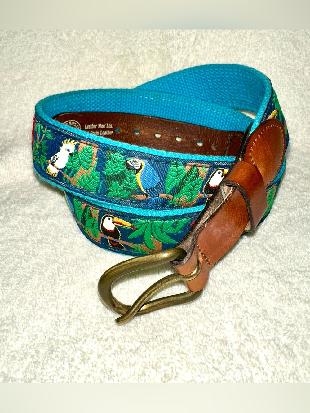 Vintage Leather Man Ltd Tropical Parrot Embroidered Belt Size 44 Made in USA